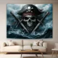 Pirate skull tapestry in stormy sea ocean theme for home party wall hanging decoration - Pirate Skull Theme (SBJ-010) / 95x75cm