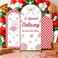 Pizza themed baby shower arch covers set featuring a red and white checkered pattern - Pizza Delivery Theme (GX-011) / 涤纶 65x150cm + 80x180cm + 50x120cm
