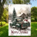 Festive Christmas garden flag featuring a vintage truck with a snowman and Merry Christmas text - Snowman Truck (Q-008) / 30x45cm / Colorful