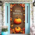 Striscione festivo Happy Thanksgiving con zucche e foglie d'acero autunnali - 90x180cm / Zucca Realistica (ML-010)