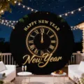 Round New Year backdrop featuring a golden clock and Happy New Year text - New Year Party Round Decor (Y-0422-Y-001) / 5FT (150cm Diameter)