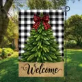 Christmas Welcome garden flag with buffalo plaid tree and red bow yard decoration - Plaid Tree Welcome (Q-009) / 30x45cm / Colorful