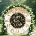 Round Happy New Year backdrop featuring a clock face design for party decoration. - New Year Party Round Decor (Y-0422-Y-002) / 5FT (150cm Diameter)