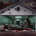Pancarta de Halloween para puerta de garaje con escena de zombies y hospital de terror. - Sala Médica Zombie (CK-005) / 400x180cm