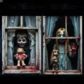Gruselige Halloween-Fensterbanner mit gruseligen Zombie-Jungen und Mädchen Puppenporträts. - Horror Clown und Zombie Mädchen (C-011) / 120x80cm