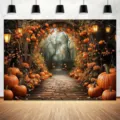 Autumn Thanksgiving photography backdrop with pumpkins, stone arch, and forest path. - Autumn Wooden House Style (SBJ-008) / 95x75cm