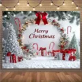 Festlicher Weihnachts-Fotohintergrund mit verschneiten Bäumen und Frohe Weihnachten Text - Stil SBJ-007 / 95x75cm