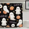 Halloween shower curtain featuring cute cartoon ghosts and pumpkins on a black background - Single Shower Curtain 90x180cm / Style YL-013