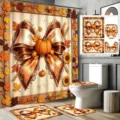 Set da bagno autunnale del Ringraziamento con foglie d'acero, zucca e fiocco retrò - Tenda da Doccia Singola (90x180cm) / Stile Zucca e Fiocco (YL-007)