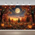 Fond photo récolte d'automne avec pleine lune et citrouilles d'Halloween dans la forêt - SBJ-003 / 95x75cm