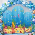 Ocean theme arched backdrop covers with sea creature print for birthday party decor - Cartoon Ocean World Theme (GX-012) / 涤纶 65x150cm + 80x180cm + 50x120cm