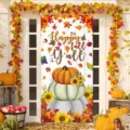 Pancarta festiva Happy Fall Y'all para puerta con calabazas y girasoles para el otoño - 3 Calabazas Apiladas Feliz Otoño (ML-009) / 90x180cm