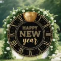 Elegant round New Year backdrop with vintage clock face and gold Happy New Year lettering - Golden Clock Fireworks Style (Y-007) / 5FT (150cm Diameter)