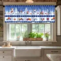 Christmas valance curtain with blue winter snow scene and cute cartoon animals - 138x45cm / CM-003 (Polar Bear Penguin Blue)