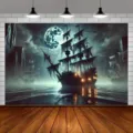 Vintage pirate ship Halloween backdrop featuring a haunted sailboat under a full moon night - Treasure Sailing Ship (SBJ-011) / 95x75cm