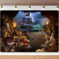 Pirate themed backdrop with vintage treasure cave and sailing ship for Halloween parties - Pirate Treasure Cave Style (SBJ-012) / 95x75cm