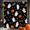 Halloween shower curtain featuring cute cartoon ghosts and pumpkins pattern, black - Single Shower Curtain 90x180cm / Style YL-014
