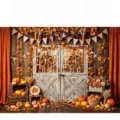 Fond photo d'automne avec porte en bois rustique et décoration de citrouilles - SBJ-001 / 95x75cm