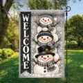 Christmas snowman welcome garden flag with 3 stacked snowmen on grey snowflake background - Snowmen Trio (Q-003) / 30x45cm / Colorful
