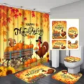 Set da bagno festivo da 4 pezzi per il Ringraziamento con stampe di zucca e tacchino - Tenda da Doccia Singola 90x180cm / Stile Scoiattolo e Tacchino Ringraziamento (YL-009)