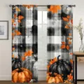 Cortina Cuadros Calabaza Cosecha Otoño Thanksgiving Impresión Hojas Arce Decoración - Pack de 2 / Estilo Calabaza a Cuadros Blanco y Negro (CL-015) / 66x91cm