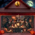 Halloween garage door banner with spooky skeleton witches and pumpkin decorations - Witch Dining Table (CK-001) / 400x180cm