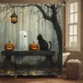 Halloween shower curtain with ghost, black cat, and pumpkin print for bathroom decor - Single Shower Curtain 90x180cm / Style YL-016
