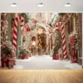 Weihnachts-Fotohintergrund mit riesigen Zuckerstangen und verschneiter Wintergasse - Europäischer Schneestraßen- & Zuckerstangen-Stil (SBJ-011) / 95x75cm