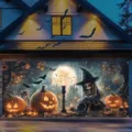 Spooky Halloween garage door banner featuring cute skeleton girl and glowing pumpkins. - Skull Little Girl (CK-002) / 400x180cm