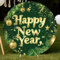 Circular Happy New Year backdrop cloth with gold ornaments for festive party decoration. - Golden Christmas Ball and Pine Needle Design (Y-004) / 5FT (150cm Diameter)