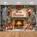 Weihnachts-Fotohintergrund mit festlichem Kamin, Geschenken und Merry Christmas Banner - Weihnachtskamin & Geschenke Stil (SBJ-012) / 95x75cm