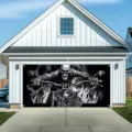 Spooky Halloween skeleton biker garage door banner decoration with Ride or Die text - Motorcycle Skull Rider (CK-003) / 400x180cm