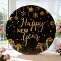 Round New Year party backdrop with gold Happy New Year glitter print and gift boxes - New Year Party Round Decor (Y-005) / 5FT (150cm Diameter)