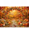 Autumn harvest Thanksgiving photography backdrop with pumpkins and sunflower archway forest - Autumn Harvest Pumpkin Stone Path (SBJ-005) / 95x75cm