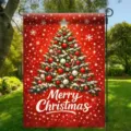 Christmas garden flag with decorative tree and Merry Christmas greeting - Red Tree (Q-007) / 30x45cm / Colorful