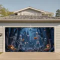 Halloween garage door banner featuring dancing skeletons and glowing pumpkins in a night forest. - Skeleton Soldier Castle (CK-004) / 400x180cm