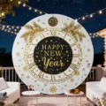Round New Year party backdrop featuring a golden clock design and Happy New Year text for decoration. - Roman Numeral Clock New Year Decor (Y-006) / 5FT (150cm Diameter)