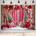 Weihnachts-Fotohintergrund mit roten Streifen, Zuckerstangen und festlichen Bäumen. - Rot-weiß gestreifter Stil (SBJ-014) / 95x75cm