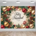 Festliche Weihnachts-Fotohintergrund mit Feliz Navidad-Schrift und Goldschmuck - Stil SBJ-015 / 95x75cm