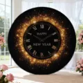 Happy New Year round backdrop with golden clock and sparkling fireworks design - Vintage Gold Clock Style (Y-008) / 5FT (150cm Diameter)