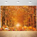 Autumn forest photography backdrop with pumpkins and glowing lights for Thanksgiving party - Thanksgiving Autumn Landscape (SBJ-008) / 95x75cm / Colorful