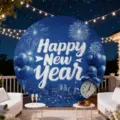 Round Happy New Year party backdrop with festive fireworks city and blue balloons design - New Year City Fireworks Blue Style (Y-010) / 5FT (150cm Diameter)