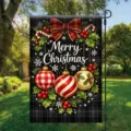 Festive Christmas garden flag featuring plaid pattern, red bow and ornaments design - Plaid Bow Ornaments (Q-013) / 30x45cm / Colorful