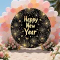 Round black Happy New Year backdrop featuring gold fireworks for festive party decoration - Black & Gold Fireworks Star Style (Y-011) / 5FT (150cm Diameter)