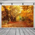 Autumn forest photography backdrop with golden yellow maple leaves path SKU variant. - Autumn Forest Landscape (SBJ-009) / 95x75cm