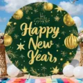 Dark green round New Year backdrop with Happy New Year gold foil text design - Deep Green Gold Letter Pine Style (Y-012) / 5FT (150cm Diameter)