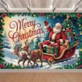 Weihnachtshintergrund für Fotografie mit Weihnachtsmann im Schlitten und Rentier - Stil SBJ-005 / 95x75cm