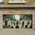 Pancarta de cementerio de zombis espeluznante para decoración de puerta de garaje de Halloween - Zombie de Cementerio Realista (CK-013) / 400x180cm