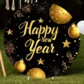Round Happy New Year party backdrop with gold fireworks and festive ornaments design - New Year Party Round Decor (Y-013) / 5FT (150cm Diameter) / Black & Gold