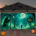 Pancarta de Halloween para puerta de garaje con diseño de segador y luna llena - Parca y Fantasma (CK-014) / 400x180cm